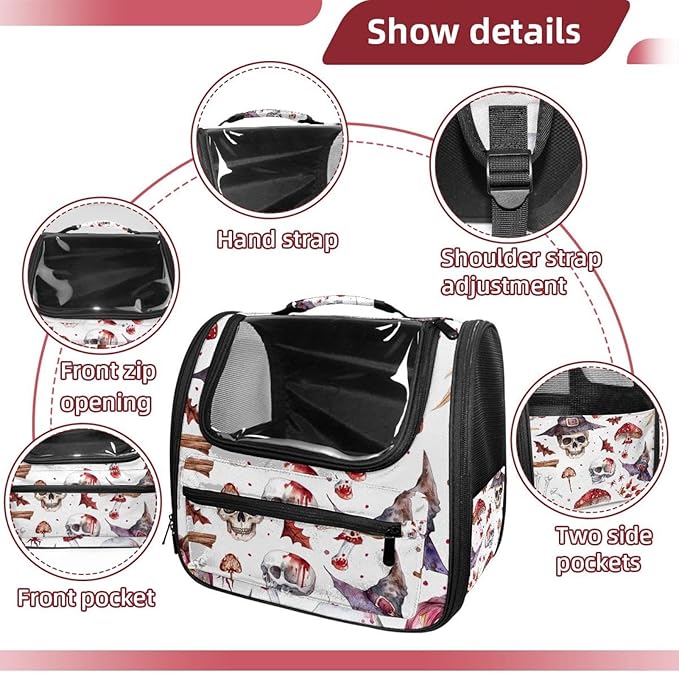 Airline Approved Soft Sided Pet Carrier, Witch Hat Broom Skull Lollipops Eyes Bones 3 Pet Travel Bag for Cats & Dogs, Durable, Breathable Pet Travel Bag for Airplane, Car & Train