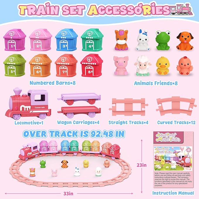 Electric Train Set for Toddlers 2-4 with Farm Animals, Music & Lights, Pink | Montessori Counting & Sorting Train Toy, 37 Pieces with 8 Farm Animal Finger Puppets and Numbered Barns for Toddler Girls