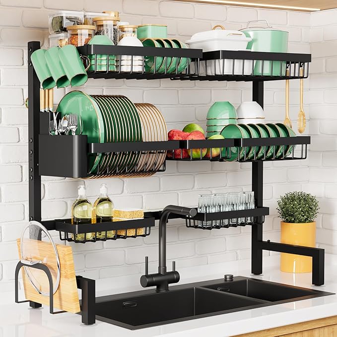 Kitsure Over The Sink Dish Drying Rack - 31.5" to 39.4" x 30.3", Adjustable Sink Drying Rack for Kitchen Sink with Multifunctional Baskets, Black