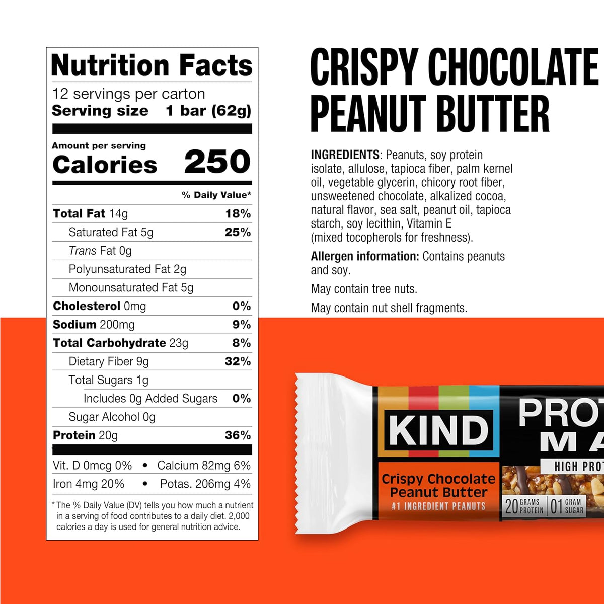 kind protein max crispy chocolate peanut butter snack bars, 20g protein, keto friendly, 12 count box