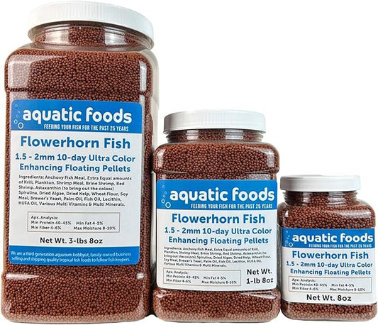 Aquatic Foods Inc. Flowerhorn Fish Ultra Red Color Enhancing 1.5mm-2mm Floating Pellets. Color Enhancing in 10-Days for Baby, Juvenile and Adult Flowerhorn…3-lbs 8oz Large Jar
