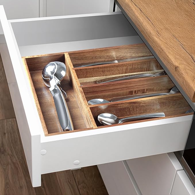 KITEISCAT Acacia Wood Silverware Organizer, Kitchen Utensil Drawer Organizer for Forks, Knives & Spoons, 5-Compartment Cutlery Tray, Flatware Holder