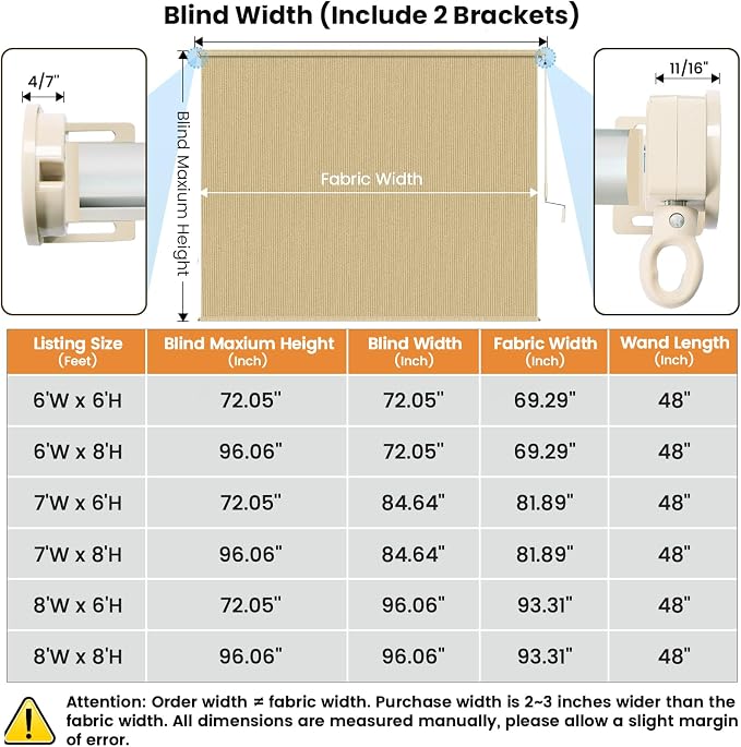 8'W x 8'H Sesame Patio Shades Roll up Outdoor Roller Shade Crank Wand Blind