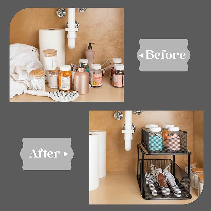 Sorbus 2 Tier Metal Under Sink Organizer for Bathroom, Kitchen, Strong Steel Mesh Sliding Drawers for Under Sink, Under Cabinet, Closet, Kitchen, Pantry, Bathroom Organizers and Storage (Black)