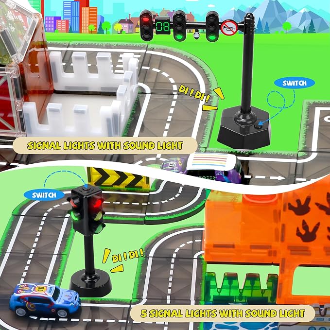 Magnetic Tiles for Kids Ages 4-8, Road Set with Traffic Light Boy Stem Toys | Traffic City Center Expansion Set, Pullback Car, Ship, Race Track, Preschool Building Blocks Toy, Gifts for 4+year old