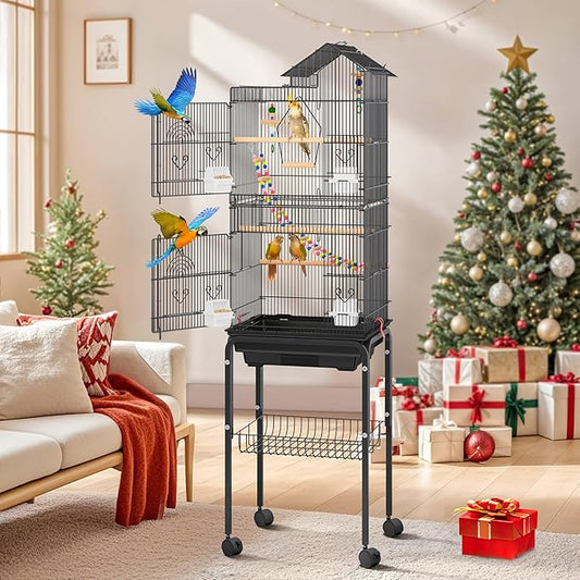 DWVO 62-inch Metal Bird Cage: Bird Cage Spacious for Cockatiels, Parrots, Pigeons, Lovebirds, Features Roof Access and Rolling Stand Black