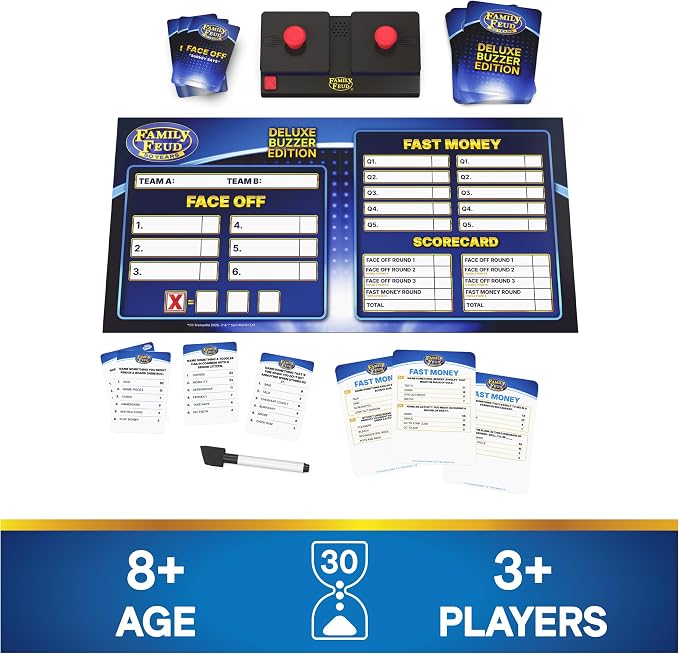 Spin Master Games Family Feud: Deluxe Buzzer Edition Board Game | Survey Says Fun, Guess The Most Popular Answers, Features Buzzer with Lights & Sounds, For 3 or More Players, Ages 8 & Up
