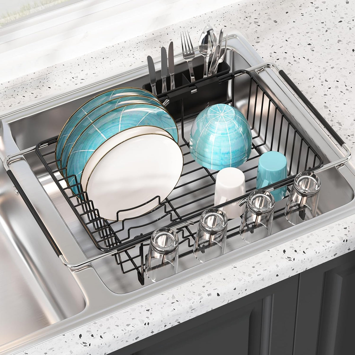 JASIWAY Dish Drying Rack in Sink, Expandable Stainless Steel Dish Drainers for Kitchen Counter, Dish Dryer Rack for Inside Sink, Over The Sink Dish Racks with Utensil Holder, Silver
