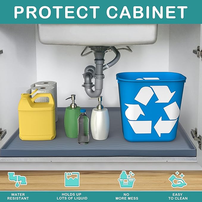 URMONA Waterproof Silicone Under Sink Mat 16'' x 10'' Shelf Liner for Kitchen and Bathroom, Cabinet and Counter Protector, Storage and Organizers, Litter Mat, Pet Cat Puppy Essentials(Khaki)