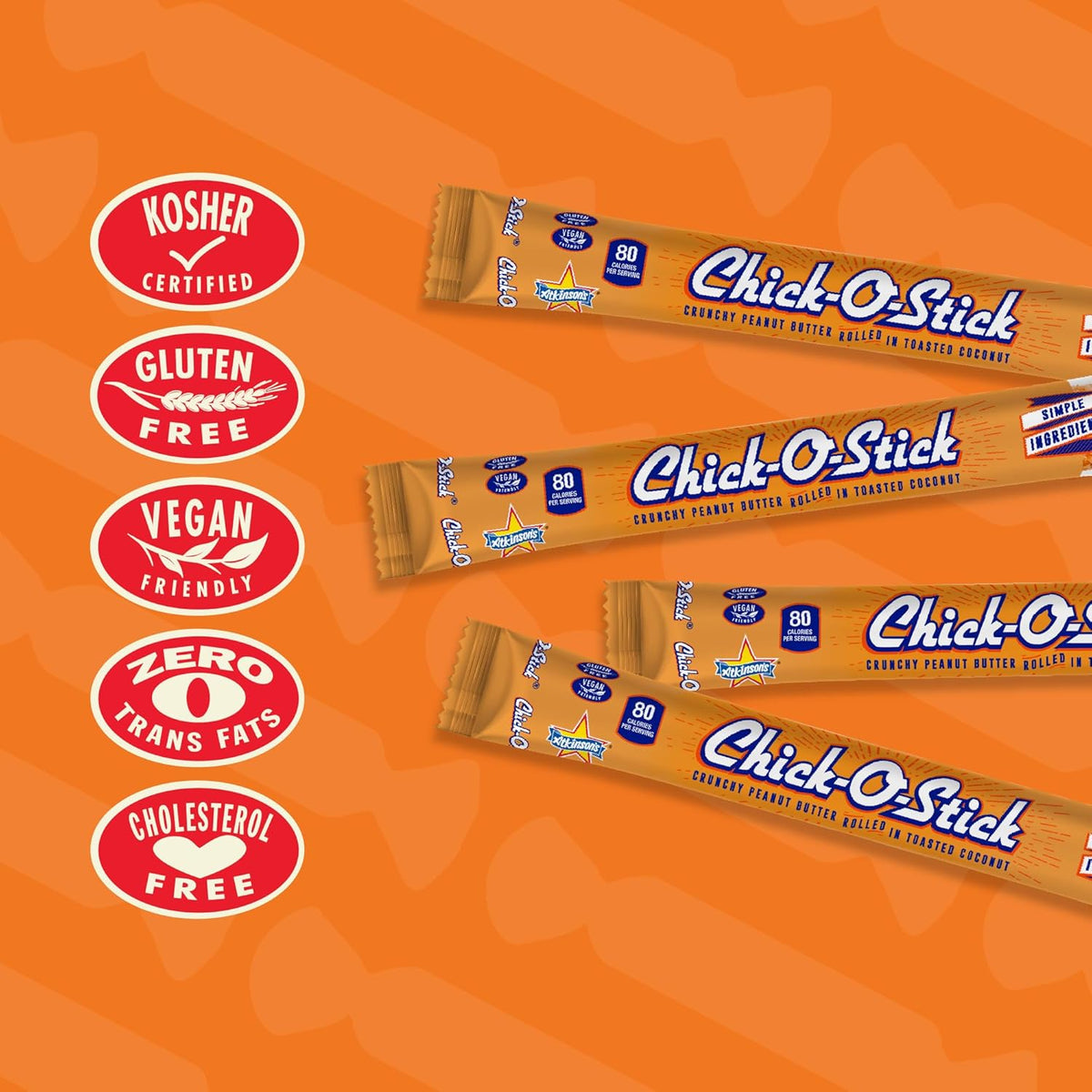 Atkinson's Chick-O-Stick - Crunchy Peanut Butter Rolled in Toasted Coconut - Gluten Free, Kosher, Vegan, No Artificial Ingredients - 0.7 oz. Candy Bar - 8 Count