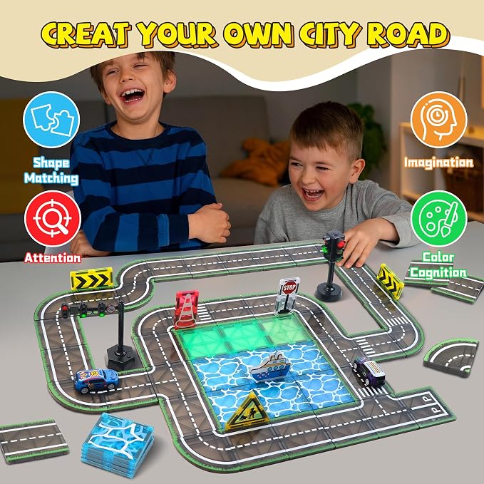 Magnetic Tiles for Kids Ages 4-8, Road Set with Traffic Light Boy Stem Toys | Traffic City Center Expansion Set, Pullback Car, Ship, Race Track, Preschool Building Blocks Toy, Gifts for 4+year old