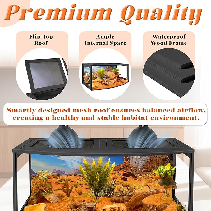 PROLEE Bearded Dragon Tank, Curved Reptile Enclosure with 3-Side Clear Acrylic Panels, Spacious Lizard Tank with Metal Mesh Top and Lockable Door for Reptile Habitat (Black, 40" Length,60 Gallons)