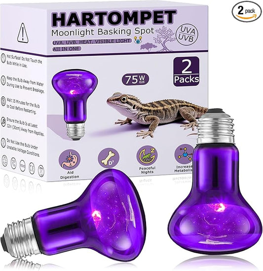 75W Reptile Night Light Bulb – Purple Basking Spot Lamp with Simulated Moonlight for Lizards, Chameleons, Snakes, Turtles, Amphibians – UVA Heat Light – 2-Pack (3.2" Diameter)