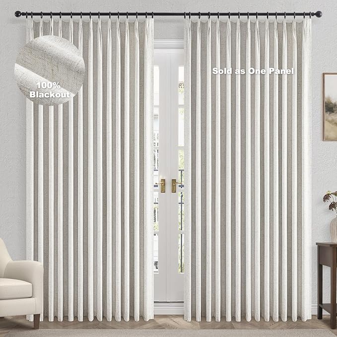 Topfinel Extral Wide Curtains, Pinch Pleated 100% Blackout Linen Luxury Drapery with Hooks for Patio Sliding Door Large Window Living Room Track System, 72" Wx102 L 1 Panel