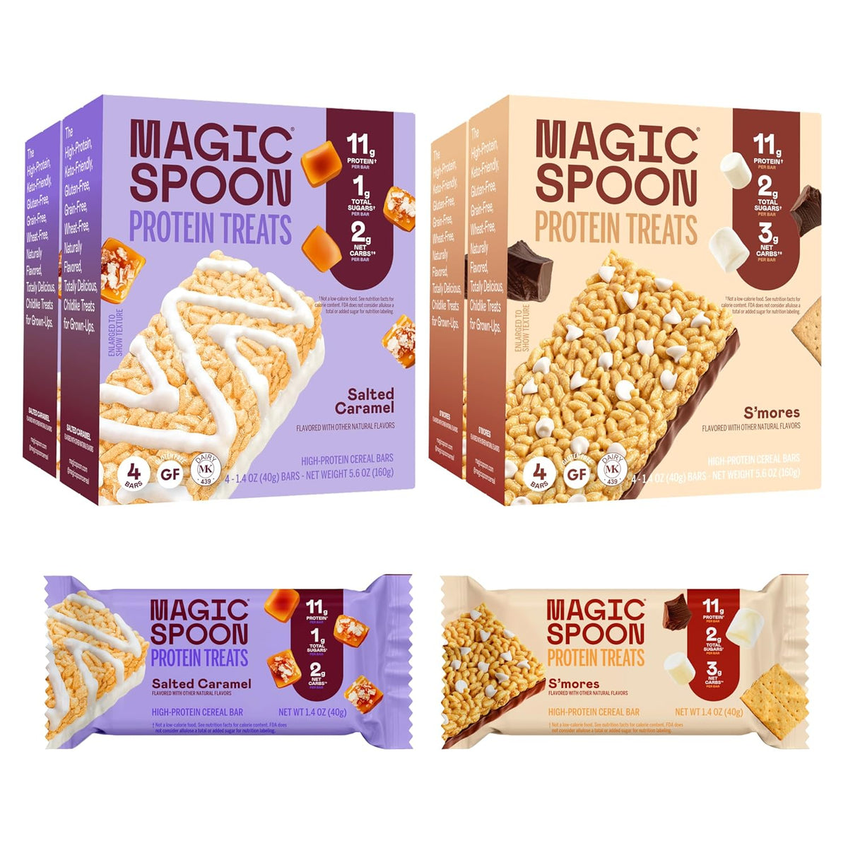 Magic Spoon Treats - 8 High Protein Bars: 2 Marshmallow, 2 Chocolate Peanut Butter, 2 Blueberry Muffin, 2 Double Chocolate - High Protein Gluten Free Snack - Sugar Free Protein Cereal Bar