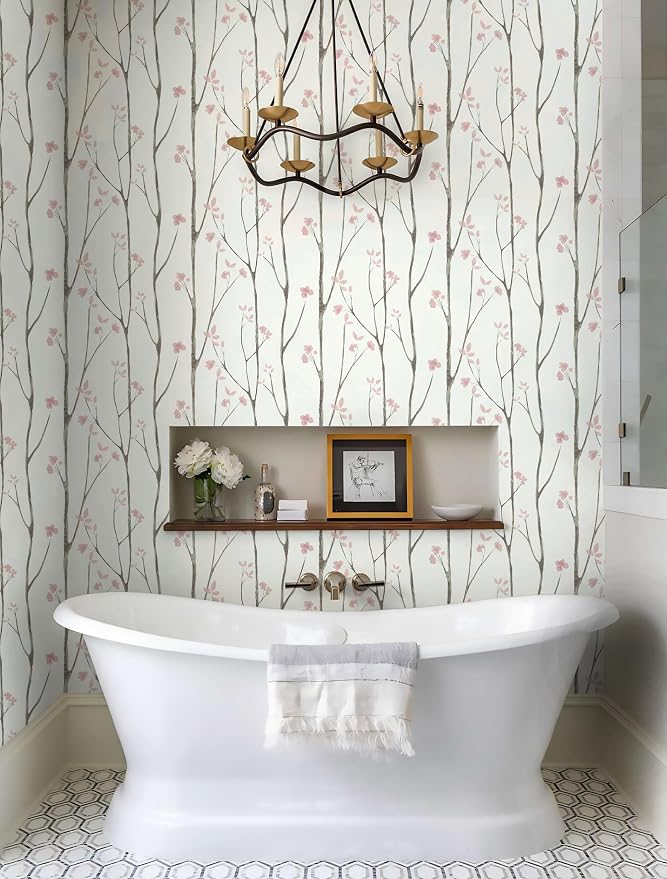 Timeet Floral Wallpaper White and Pink Wall Paper Peel and Stick Modern Contact
