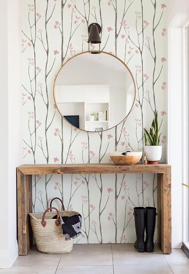 Timeet 197"x16" Floral Wallpaper Peel and Stick Wallpaper White and Pink