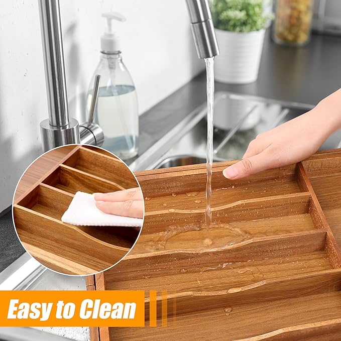 Bellsal Large Premium Acacia Wood Silverware Organizer - Expandable Utensil Drawer Organizer - 17"x19.6" Utensil Holder and Cutlery Tray with Grooved for Kitchen Flatware Utensils(7-9 Slot, Acacia)