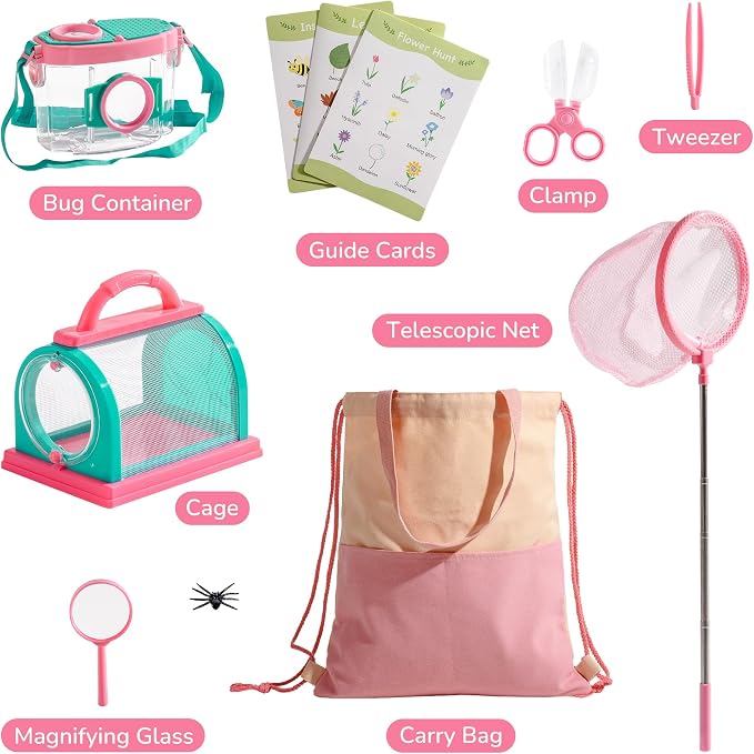 ROBOTIME Kids Explorer Kit & Bug Catcher Kit for Kids, 10PCS Outdoor Bug Catching Kit with Magnifying Glass & Net, Adventure Set for Backyard & Camping, Fun Gift for Girls 3-12 (Pink)