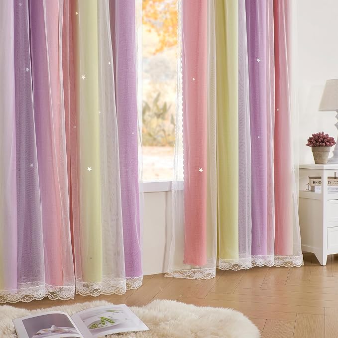 XiDi Curtains for Bedroom Decor, Rainbow Pink PurpleYellow34/96/1
