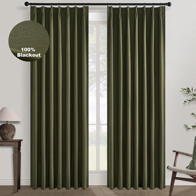Topfinel 90 Inches Long Olive Green Curtains for Bedroom,Linen Pinch Pleat Light Blocking Forest Green Curtains, Room Darkening Modern Spring Hunter Green Moody Drapes 2 Panels Set with Hooks Rings