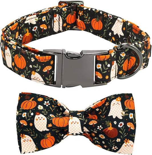 Halloween Dog Collar, Ghost Print Adjustable Pet Collar Fall Pumpkin Cute Cotton Soft Collars with Bow Tie Fall Metal Buckle Holiday Puppy Collars Boy&Girl Gift for X-Large Dogs