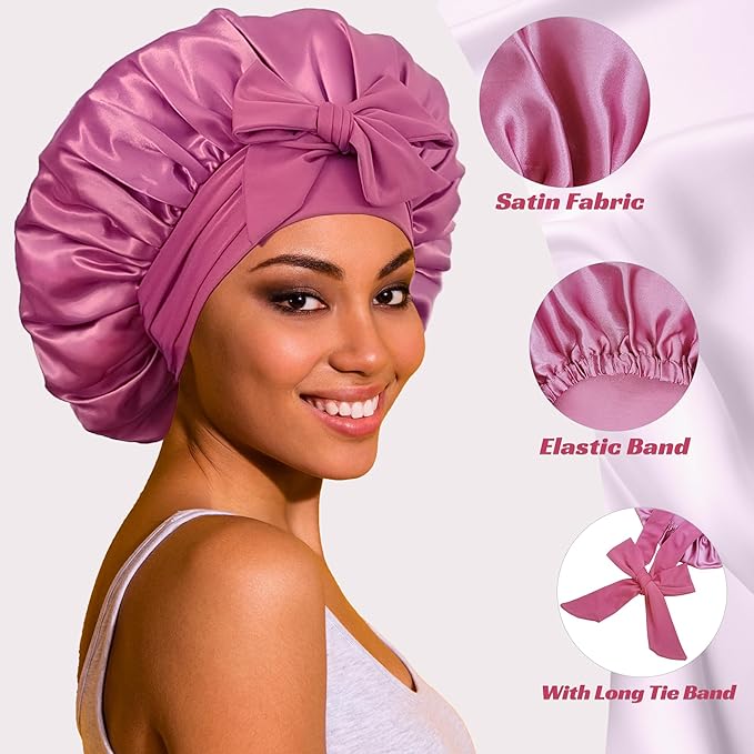 Bonnet with Tie Band, Satin Hair Silk Bonnet for Sleeping Women, Sleep Bonnets for Women, Double Layer Sleep Cap for Curly Hair Braids