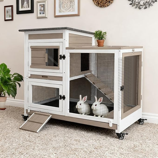 40" L Rabbit Hutch Indoor Wooden Bunny Hutch Outdoor 2 Story Rabbit Cage on Metal Wheels with Run and 2 Deeper Pull Out Trays Guinea Pig Pet House for Small Animals