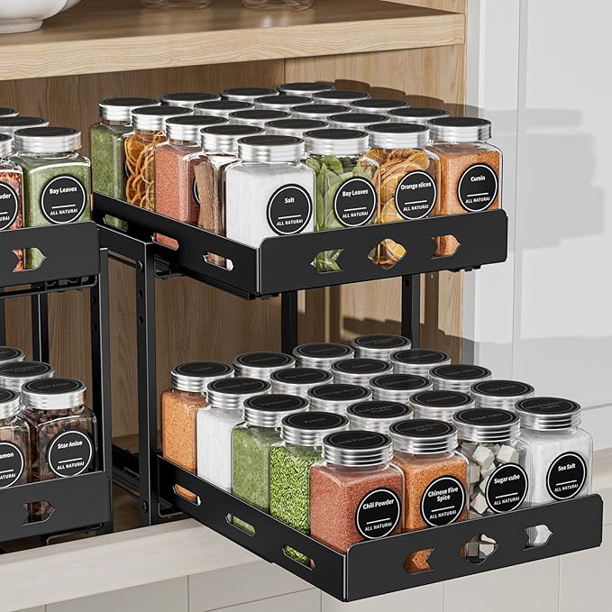 BOIVSHI Pull Out Spice Racks for Inside Cabinets, 2-Tier Cabinet Spice Rack, Height Adjustable Spice Rack Organizer for Cabinet, Kitchen Vertical Spice Rack (9.7''Wx10.8''Dx9.2''H, Metal Black)