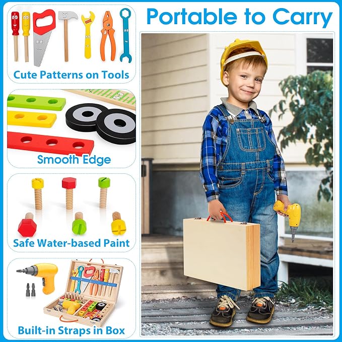 Kids Tool Set with Electric Drill, 46 Pcs Wooden Toddler Play Tools Set with Tool Box, Montessori STEM Educational Construction Building Toy for 3 4 5 6 Year Old Boys Girls Birthday Gifts