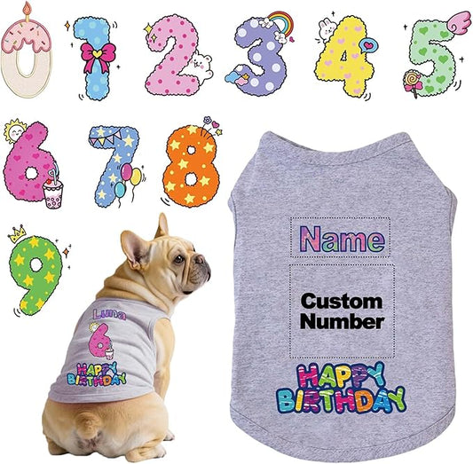Custom Dog Birthday Shirt,Personalized Pet Apparel Print with Name Age Number,Pet Birthday Outfit,Lightweight Breathable Cotton Vest for Small Medium Large Dogs Cat (Grey, XX-Large)