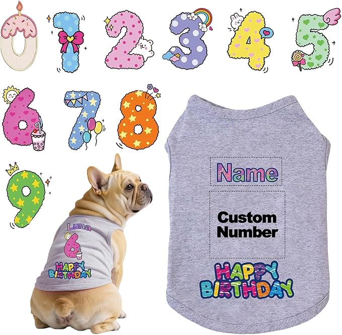 Custom Dog Birthday Shirt,Personalized Pet Apparel Print with Name Age Number,Pet Birthday Outfit,Lightweight Breathable Cotton Vest for Small Medium Large Dogs Cat (Grey, 7X-Large)