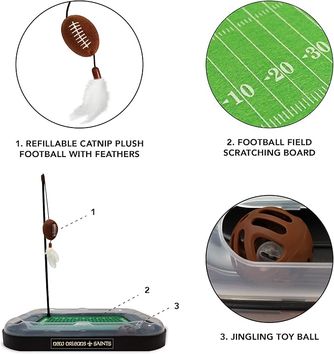 CAT BELL BALL NFL New Orleans Saints Football Field CAT Scratcher Toy with Catnip Filled Plush Football Toy & Feather Cat Toy Hanging, with Jingle Bell Interactive Ball Cat Chasing 5-in-1 Kitty Toy