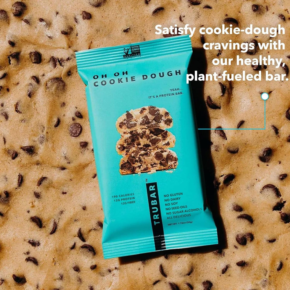 TRUBAR Vegan Protein Bar, Oh Oh Cookie Dough, Gluten Free, Plant Based, High Fiber, Dairy Free, Low Fat, Non GMO, No Sugar Alcohols, 12G Lean Protein, 13G Fiber, Healthy Snack Bars, 1 CT