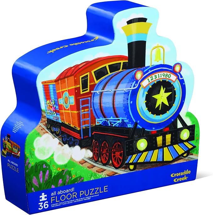 Crocodile Creek 36-Piece Jigsaw Floor Puzzle - Fun Floor Puzzles for Kids Ages 3-5 - Heavy-Duty Shaped Box for Storage - All Aboard - 24" W x 18" H Finished