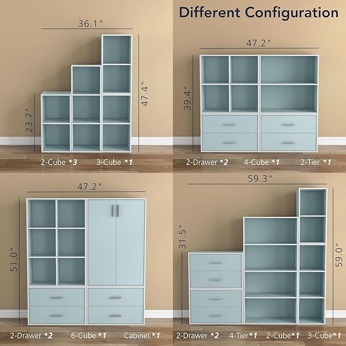 Homes: Inside + Out Apexa 2-Tier Cube Storage Organizer Shelves, Stackable Wood Bookcase Fits Cubby Bins for Organization, Dorm Teen Room Decor & Home Office, Light Blue