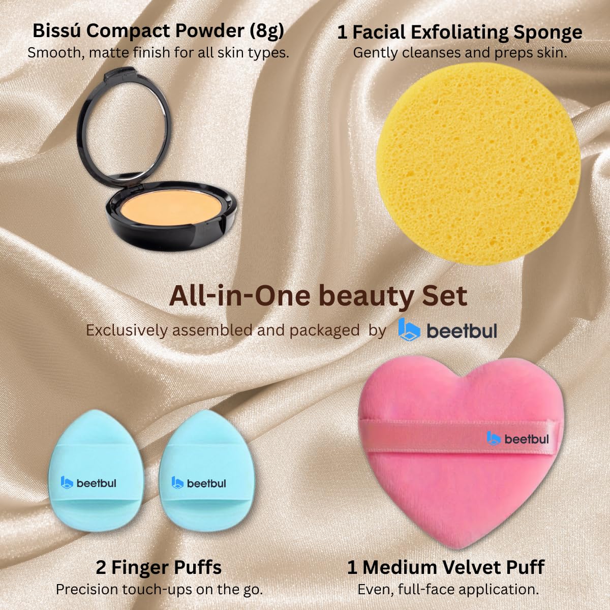Beetbul Makeup & Exfoliation Kit - Bissú Compact Powder + 1 Medium Velvet Puff + 2 Finger Puffs + 1 Facial Exfoliating Sponge (06 Natural Beige, One Size)