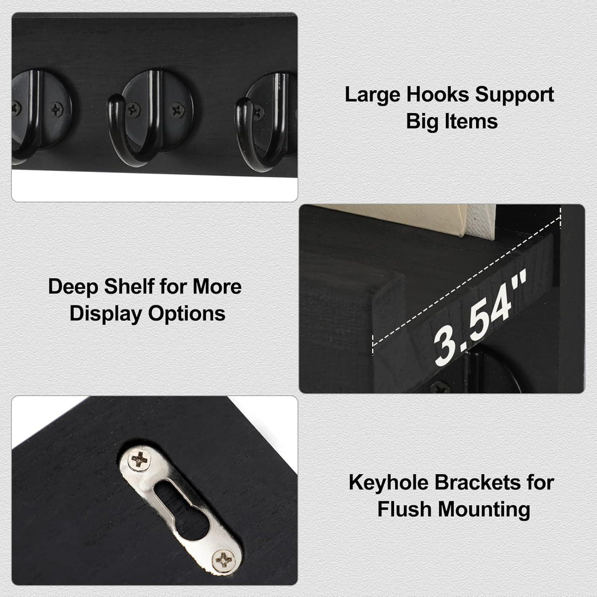 Wall Key Holder with Shelf, Hooks for Bags & Coats, Paulownia Wood, 9.8 x 6.7 x 4.2