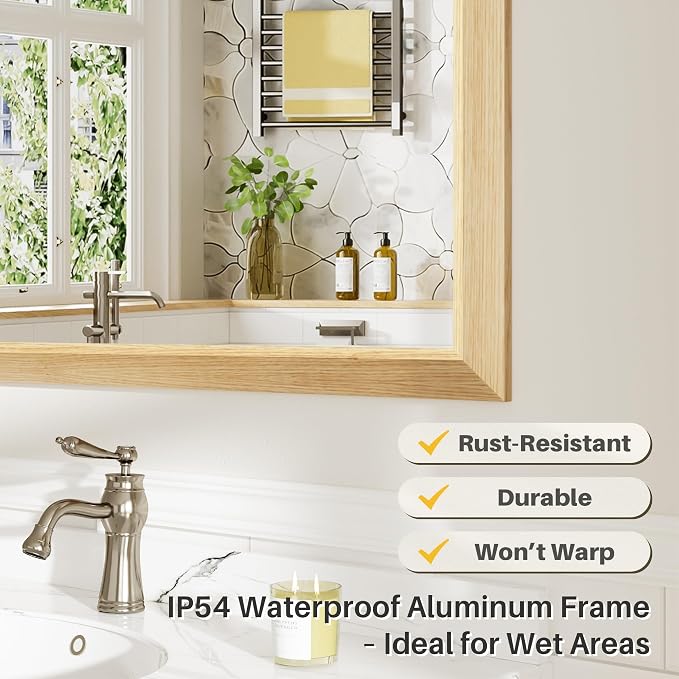 24x30 Inch Bathroom Mirror for Wall, Anti-Rust Oak Wood Grain Metal Framed
