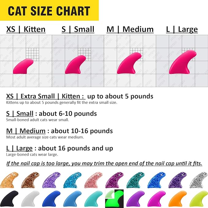 zetpo Cat Nail Caps | Cat Claw Covers | with Adhesives and Applicators (L, 20x Colors | 200 pcs)