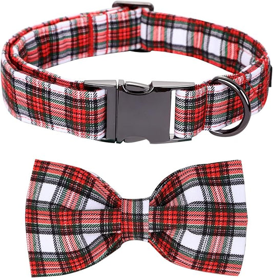 Christmas Dog Collar, Red Plaid Cotton Collars with Bow Adjustable Pet Collar Premium Metal Buckle, Christmas Puppy Necklace for Small Girl and Boy Dogs
