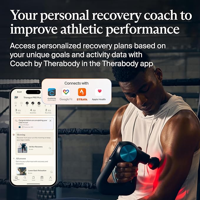 Therabody Theragun PRO Plus - 6-in-1 Deep Tissue Percussion Massage Gun, Handheld Personal Massager for Full Body Pain Relief & Muscle Tension with Biometric Breathwork, Vibration & Heated Attachments