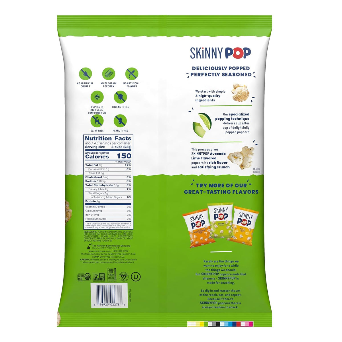 SkinnyPop Popcorn, Avocado Lime, Whole Grain Snack, Dairy-Free Snack, 4.4oz Bag