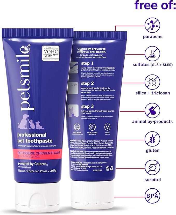 Petsmile Professional Pet Teeth Brushing Kit for Cats & Dogs - Only VOHC Accepted Toothpaste & Patented Toothbrush - Proven to Control Plaque & Tartar Calprox Formula (Rotisserie Chicken, 2.5 Oz)