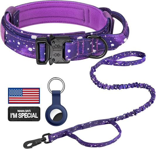 DAGANXI Tactical Dog Collar, Adjustable Military Training Nylon Dog Collar with Control Handle and Heavy Metal Buckle for Medium and Large Dogs, with Patches and Airtags Case (L, Purple Sky-Set)
