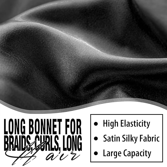 2Pcs Bonnets for Black Women Braid Bonnet, Large Long Satin Silk Bonnet for Braids, Women Braid Bonnet with Stretchy Tie Band for Sleeping Extra Long (Black & Light Green Pattern