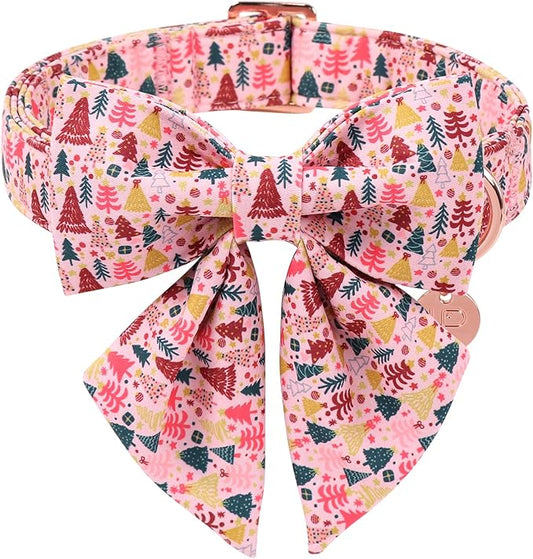 Christmas Dog Collar with Bow Tie, Pink Christmas Tree Collars for Dogs, Adjustable Pet Collar with Cute Xmas Tree Pendant, Winter Dog Accessories for Small Medium Large Dogs XL