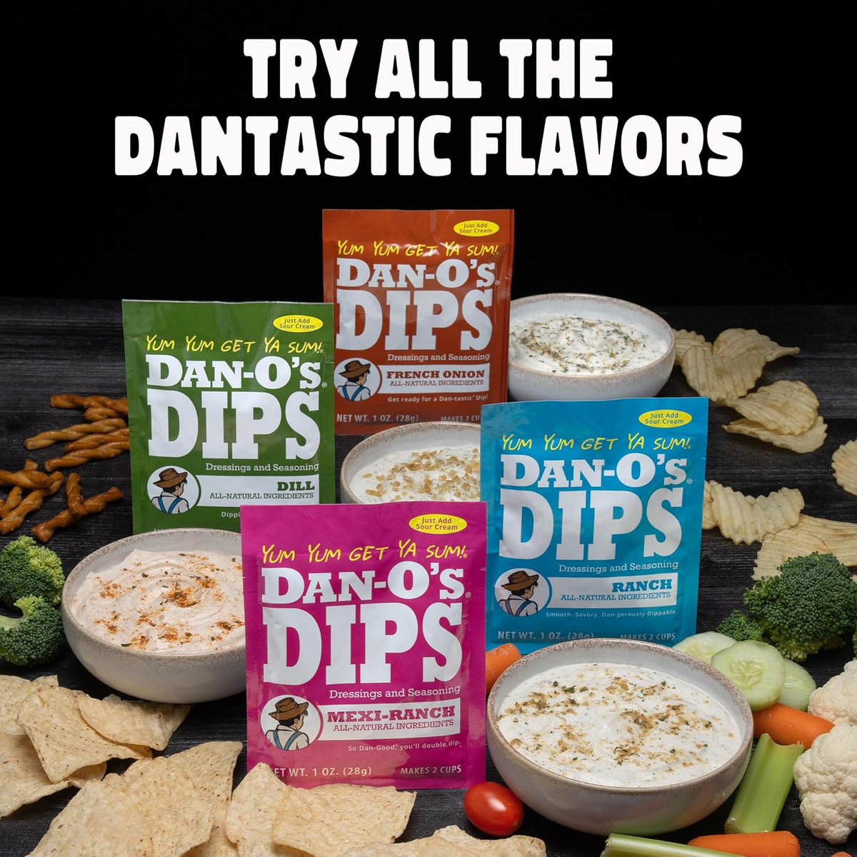 Dan-O’s Dips Variety Pack (8 Pack) – Ranch, Mexi-Ranch, French Onion & Dill Dip Mixes – All-Natural Seasoning Packets – Just Add Sour Cream or Greek Yogurt – No Artificial Ingredients
