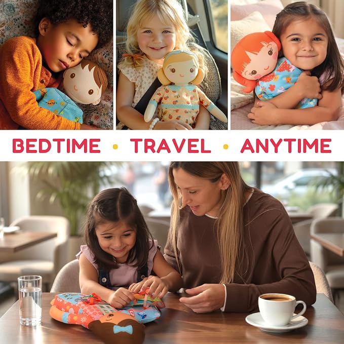 Rosie the Gardener– 2-in-1 Soft Activity Doll & Busy Book | Screen-Free Travel Plush Toy with Tethered Pieces for Toddlers and Preschoolers ages 1–4 by Aleni Brands