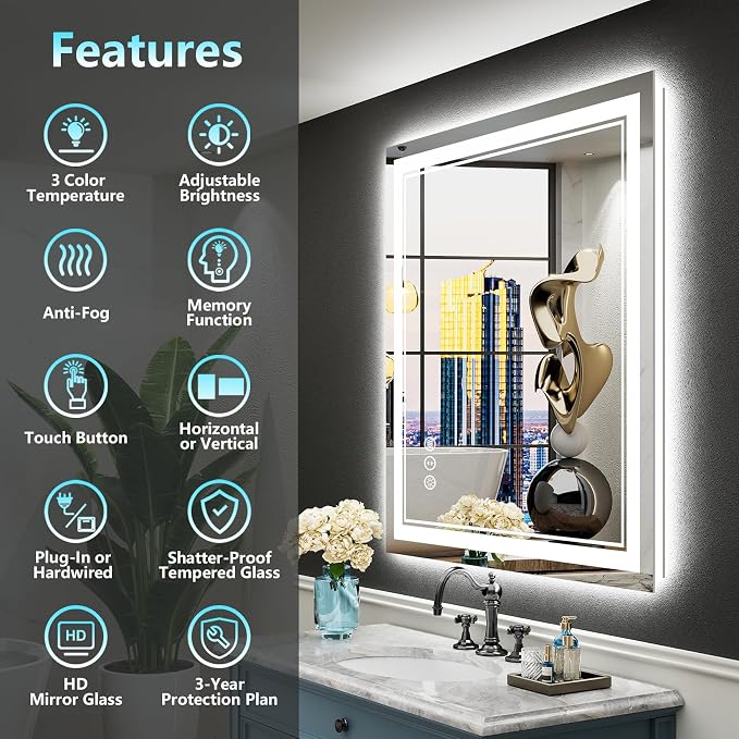 24x32 LED Bathroom Mirror with Lights, Backlit and Front Lit Anti-Fog Lighted